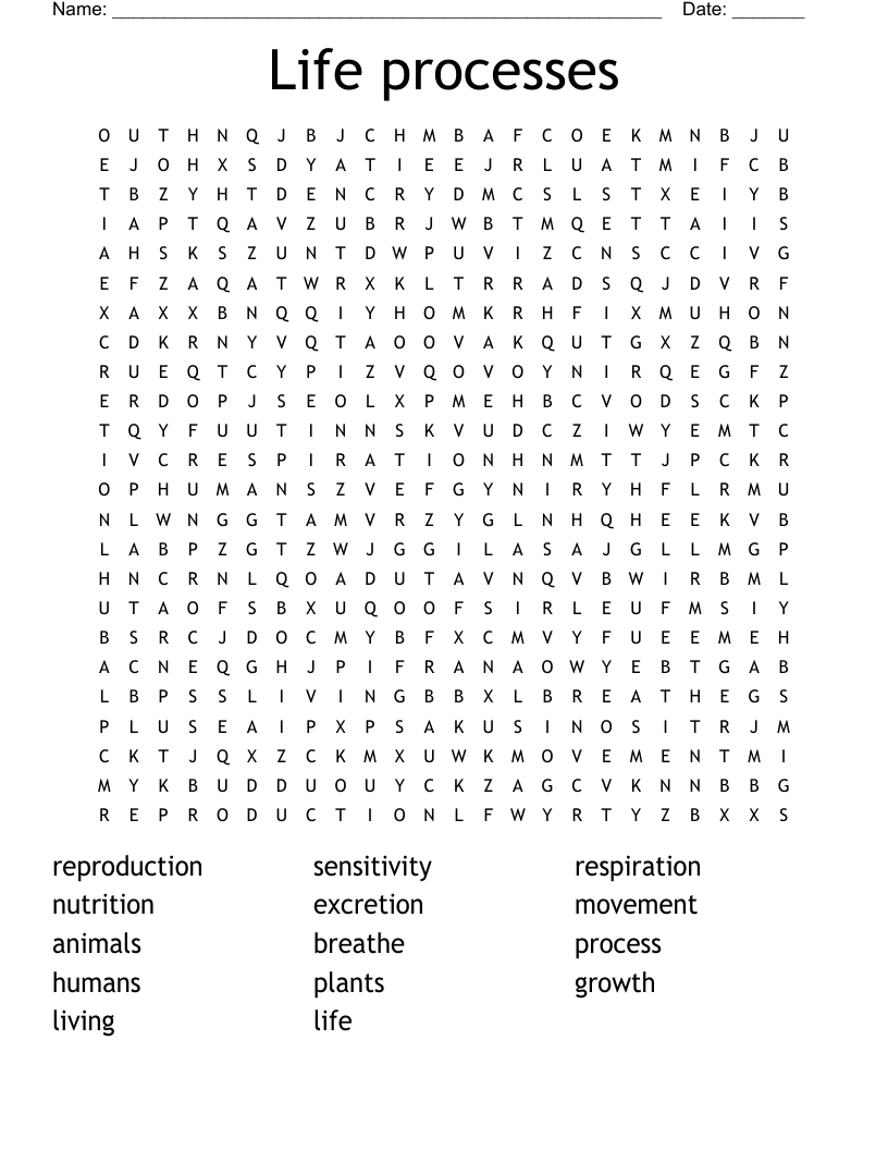 Life Processes Word Search WordMint