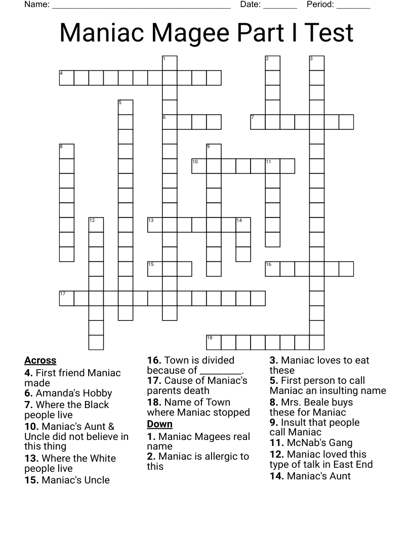 Maniac Magee Part I Test Crossword WordMint