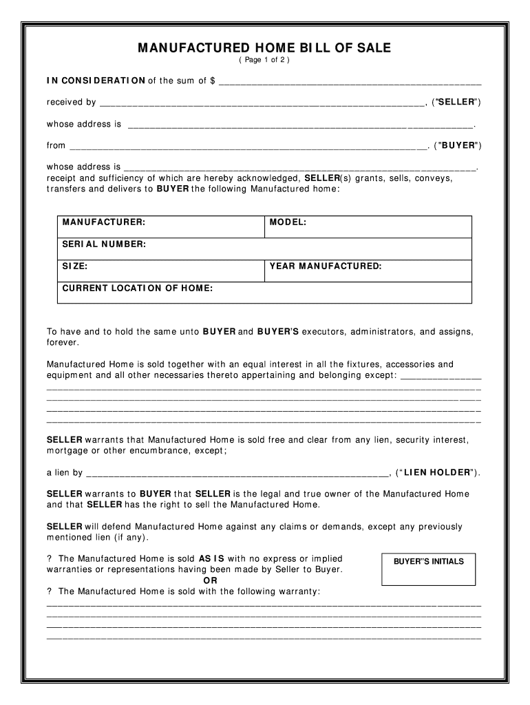Manufactured Home Bill Of Sale Form Fill Online Printable Fillable Blank PdfFiller