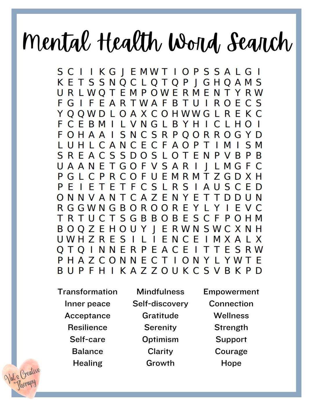 Mental Health Crossword Calming Crossword Puzzle Feel Good Puzzle Etsy