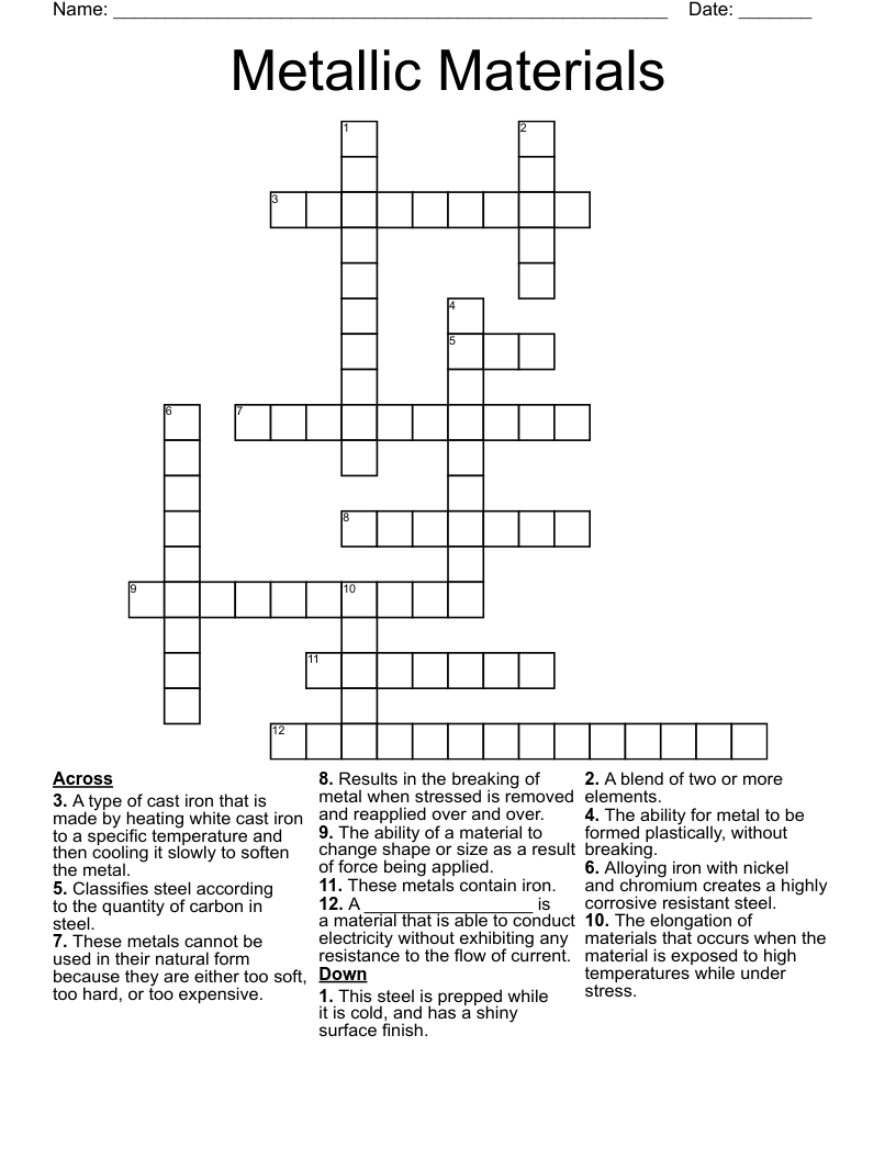 Metallic Materials Crossword WordMint