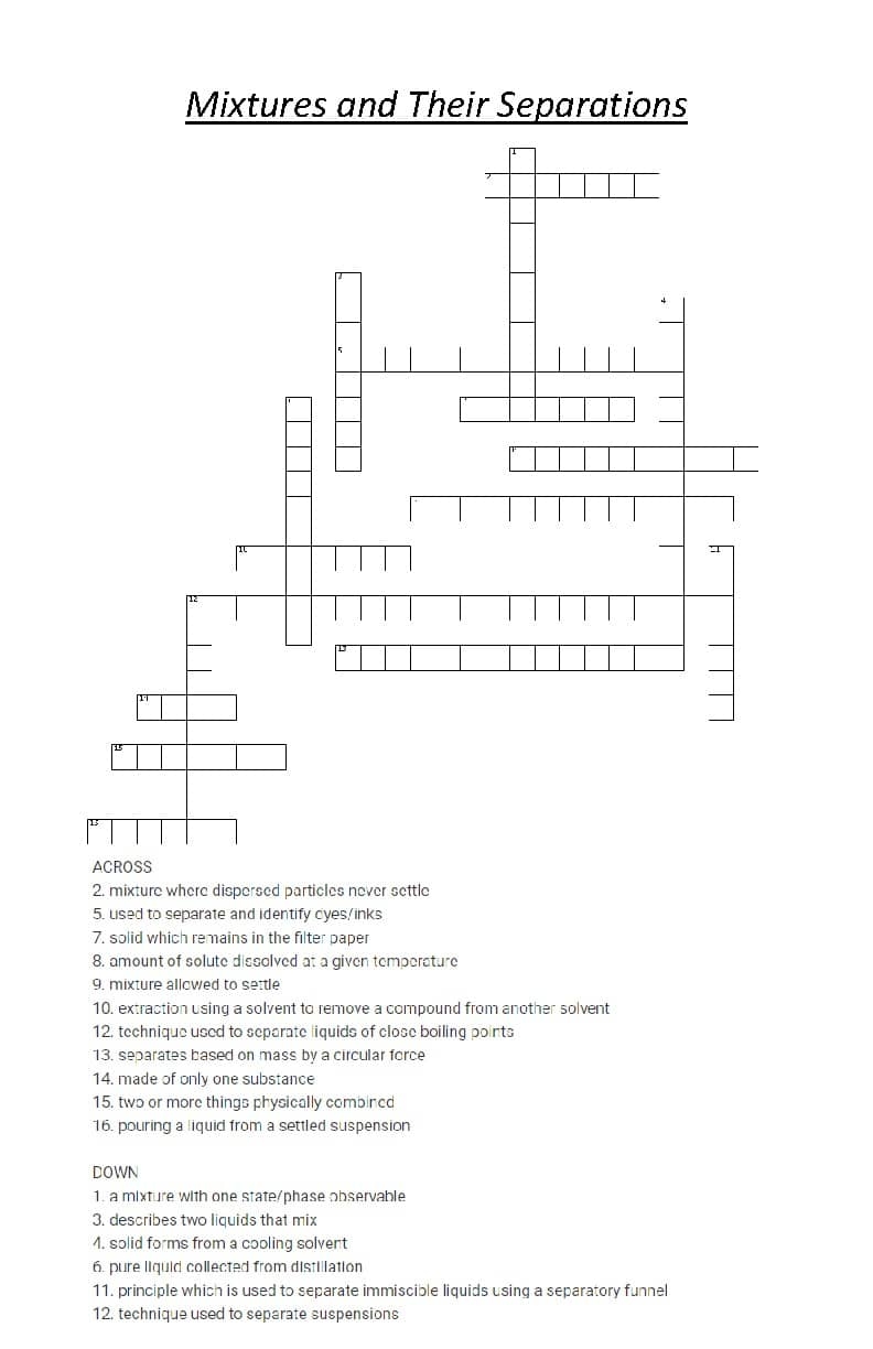 Mixtures And Their Separations Crossword Puzzle By D3h TPT