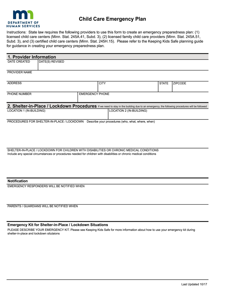 MN Child Care Emergency Plan Form Fill Online Printable Fillable Blank PdfFiller