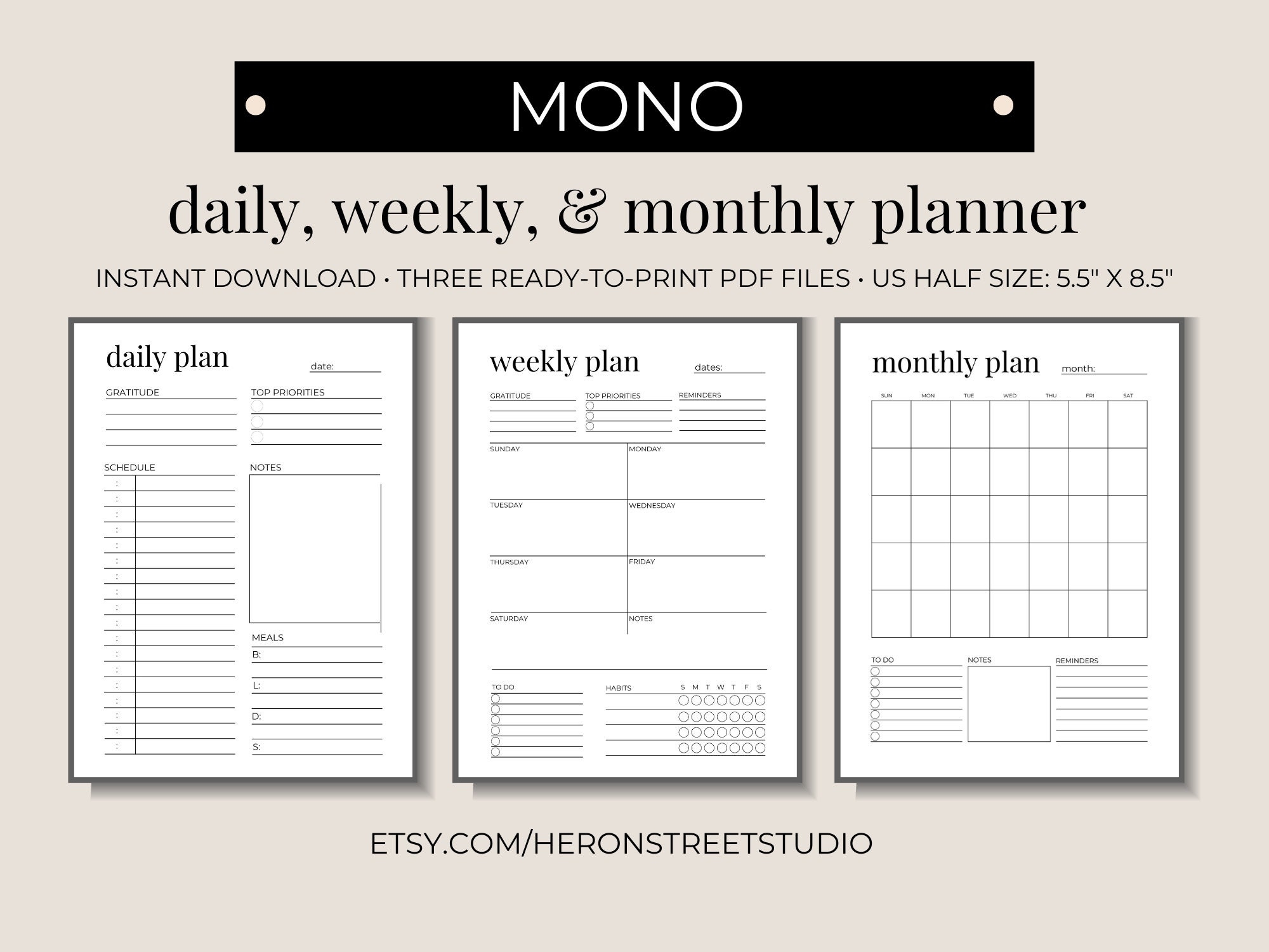 MONO 5 5 X 8 5 Printable Planner PDF Bundle Daily Weekly Monthly Etsy