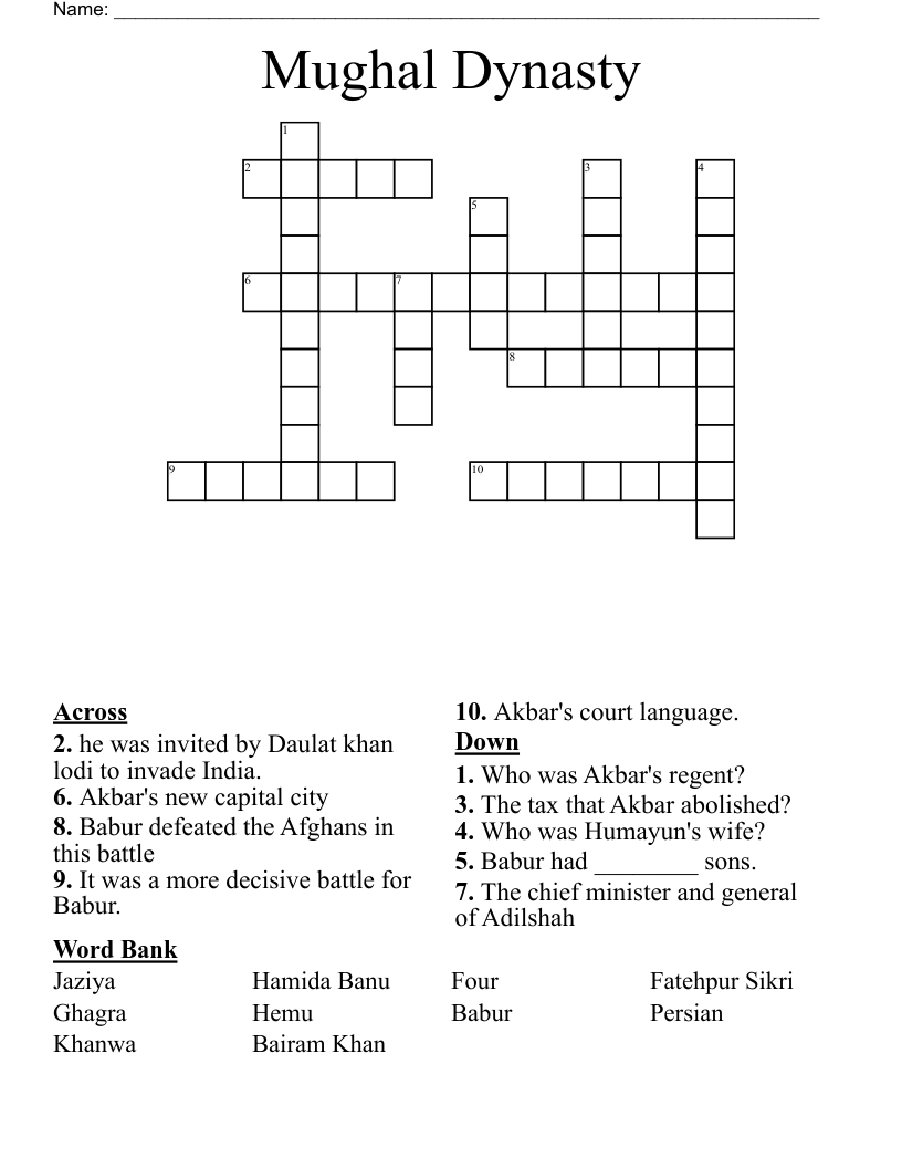Mughal Dynasty Crossword WordMint