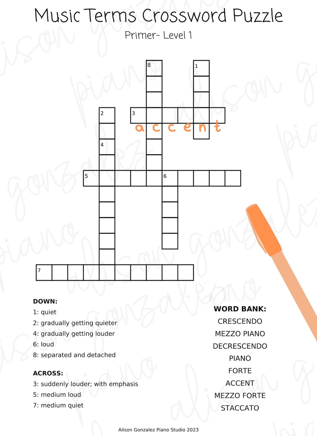 MUSIC CROSSWORD Puzzle Beginner DIGITAL Download Fun Group Class Piano Lesson Activity Fun Music Theory Printable Worksheet Etsy