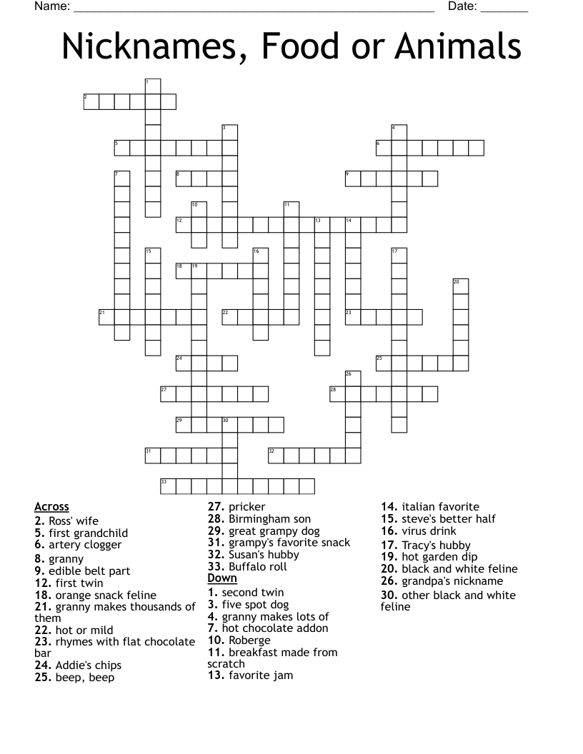 Nicknames Food Or Animals Crossword WordMint