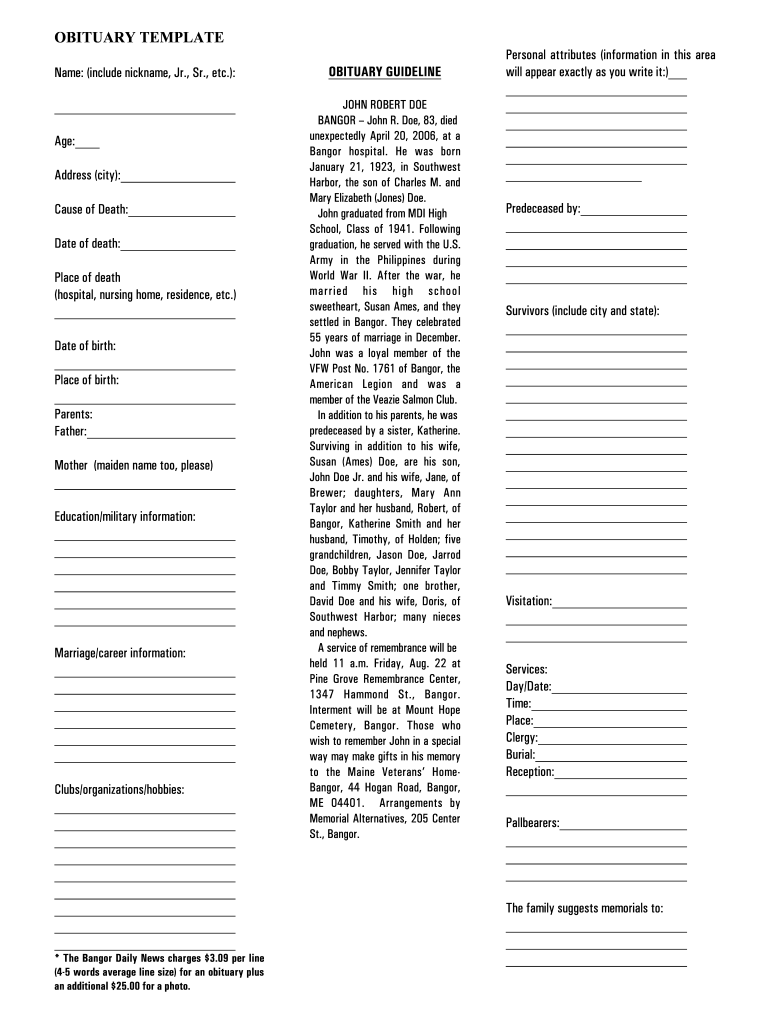 Obituary Template Form Fill Online Printable Fillable Blank PdfFiller