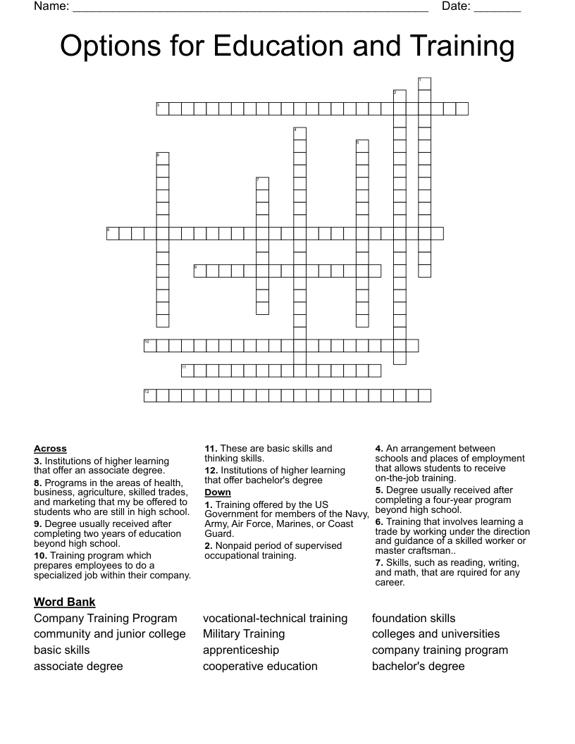 Options For Education And Training Crossword WordMint Options For Education And Training Crossword WordMint