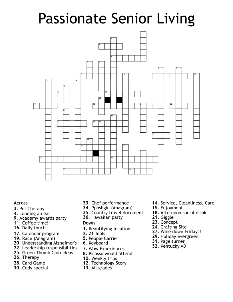 Passionate Senior Living Crossword WordMint Passionate Senior Living Crossword WordMint