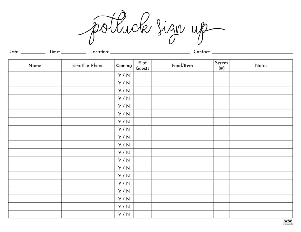 Potluck Sign Up Sheets 74 FREE Sheets Printabulls