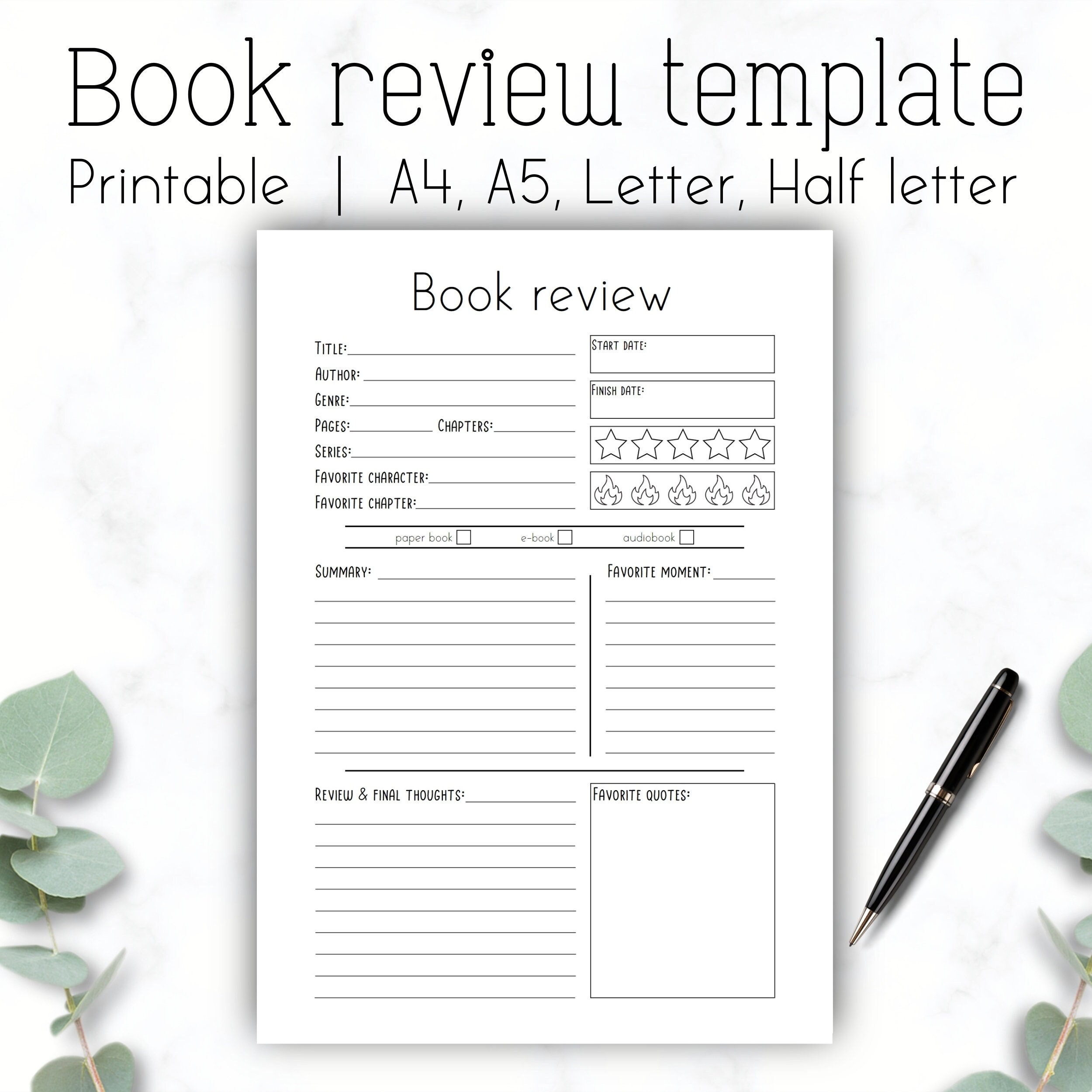 Printable Book Review Template Reading Log A4 A5 Letter Half Letter digital Download Etsy