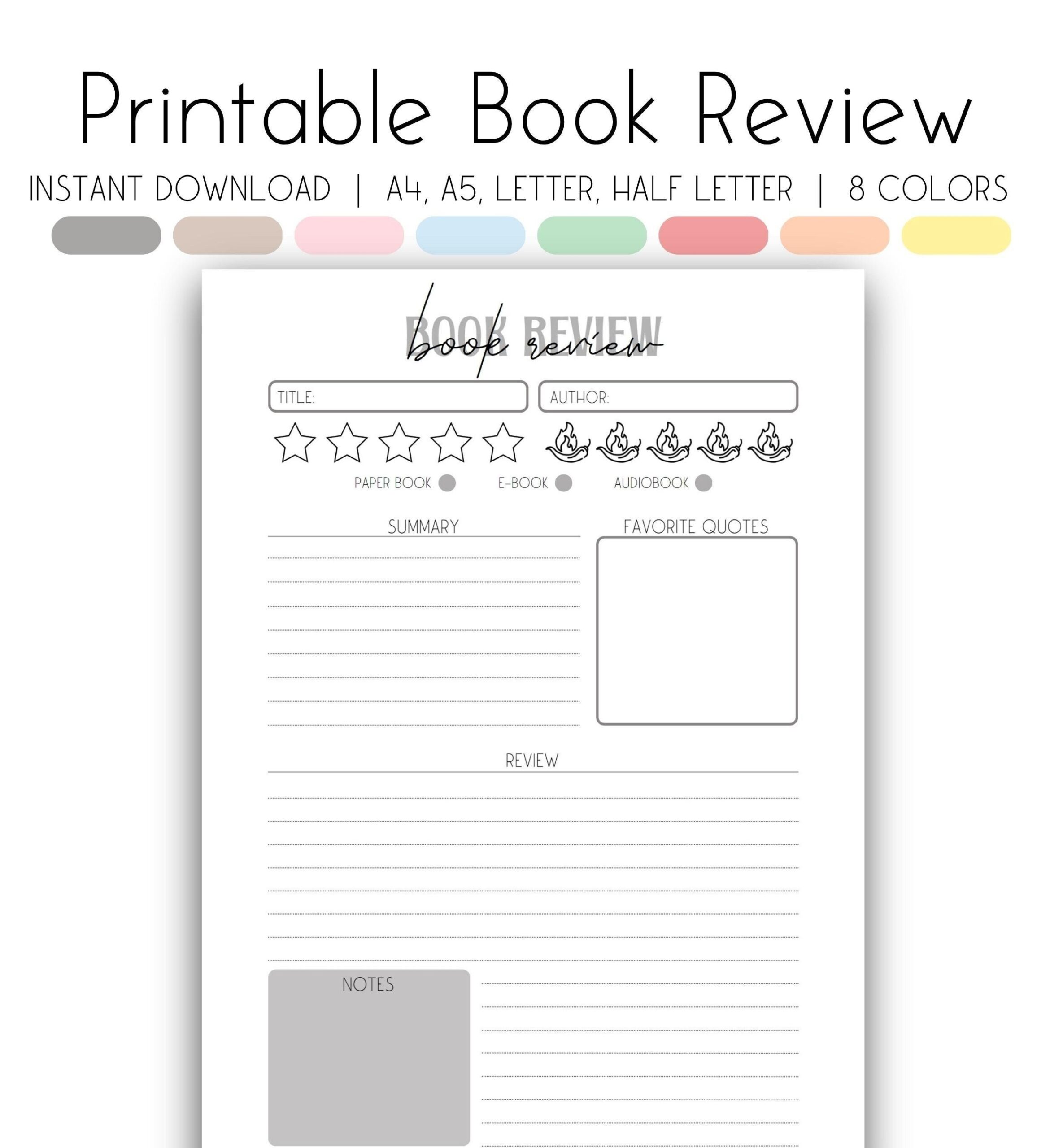 Printable Book Review Template Reading Log Journal digital Download Etsy