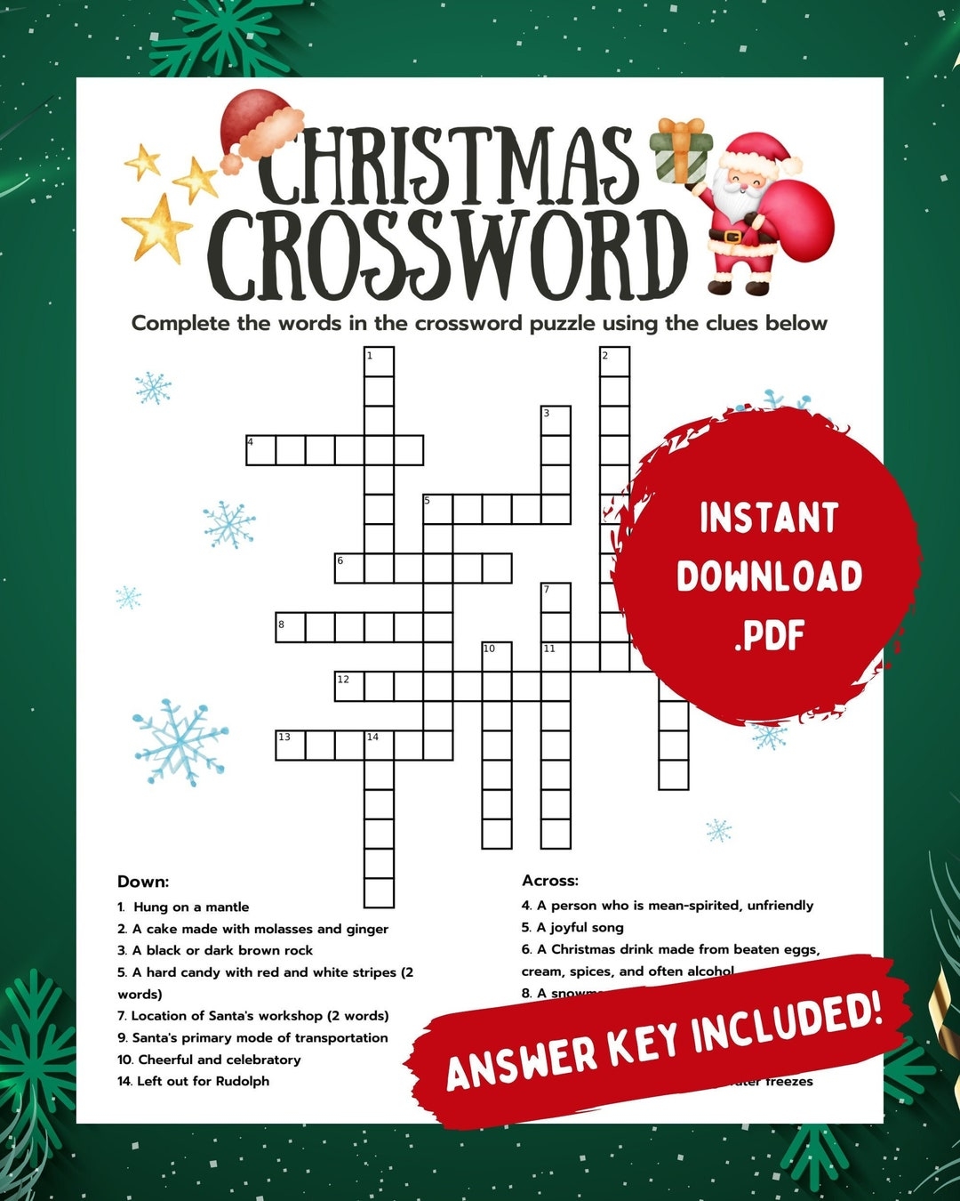 Printable Christmas Crossword Puzzle With Answer Key digital Download Etsy