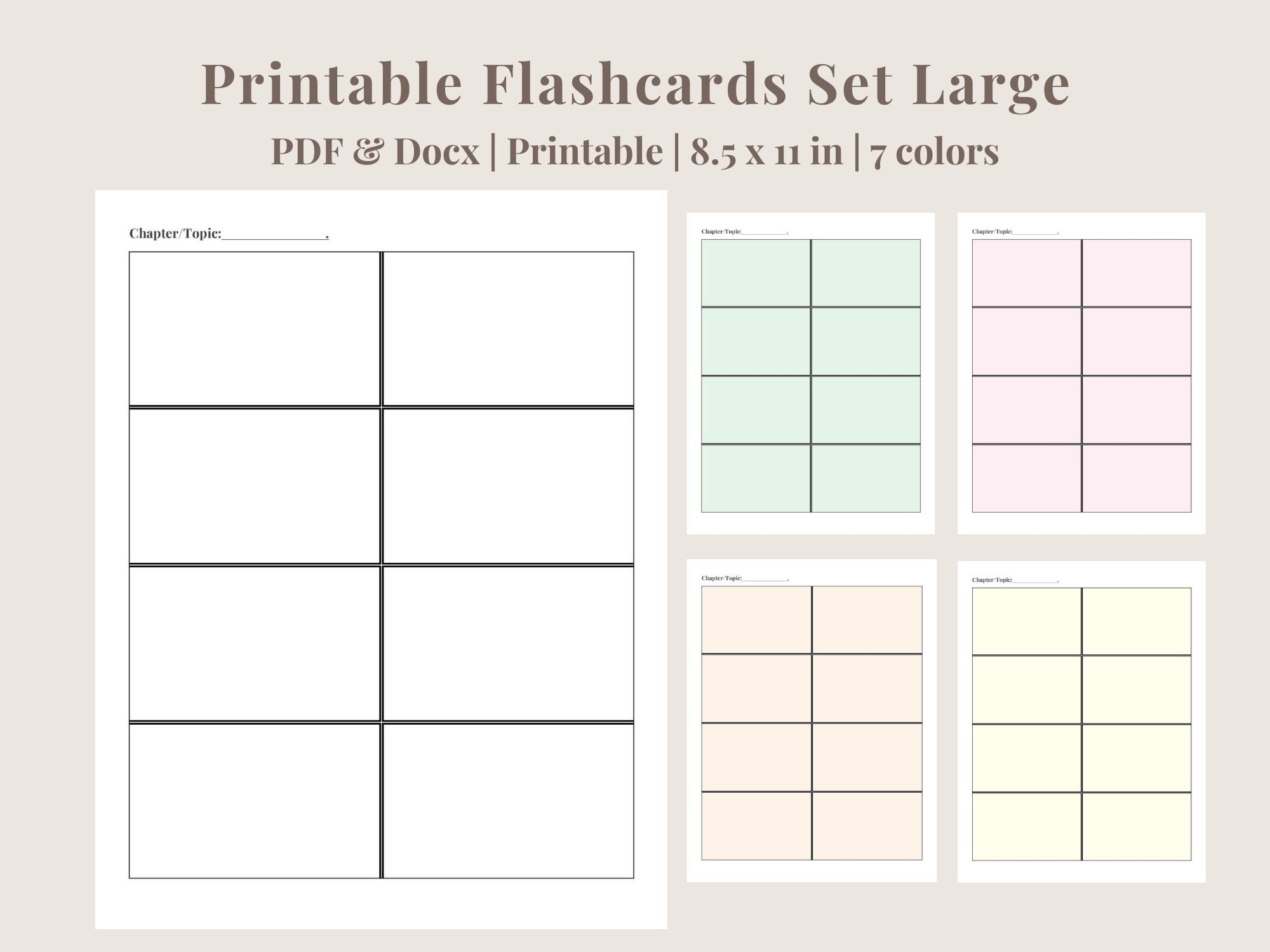 Printable Flashcards Editable Flashcards 4 Blank Flashcards Per Page 7 Colors PDF Printable Editable Word Doc Digital Download Etsy