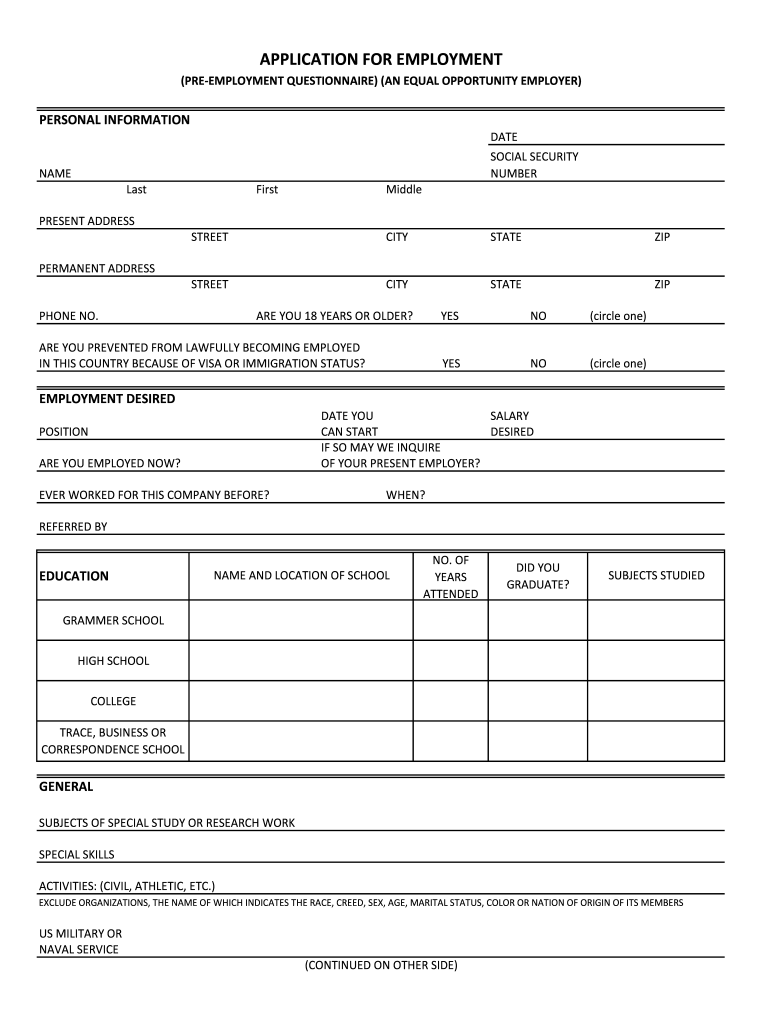 free printable job application template