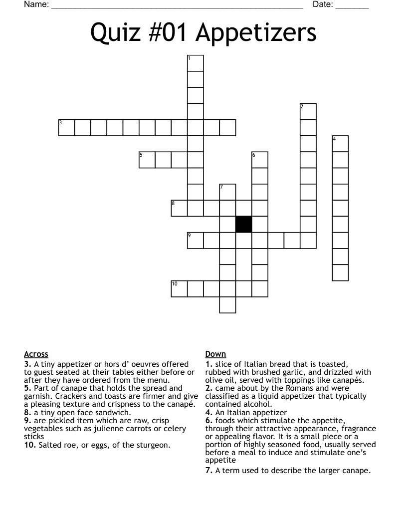 Quiz 01 Appetizers Crossword WordMint Quiz 01 Appetizers Crossword WordMint