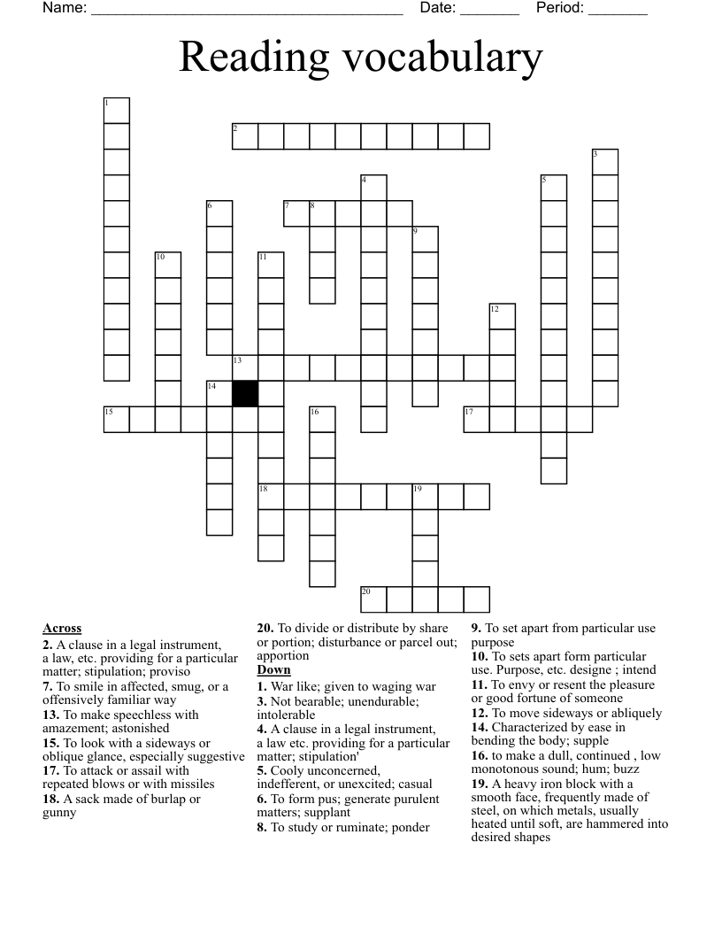 Reading Vocabulary Crossword WordMint