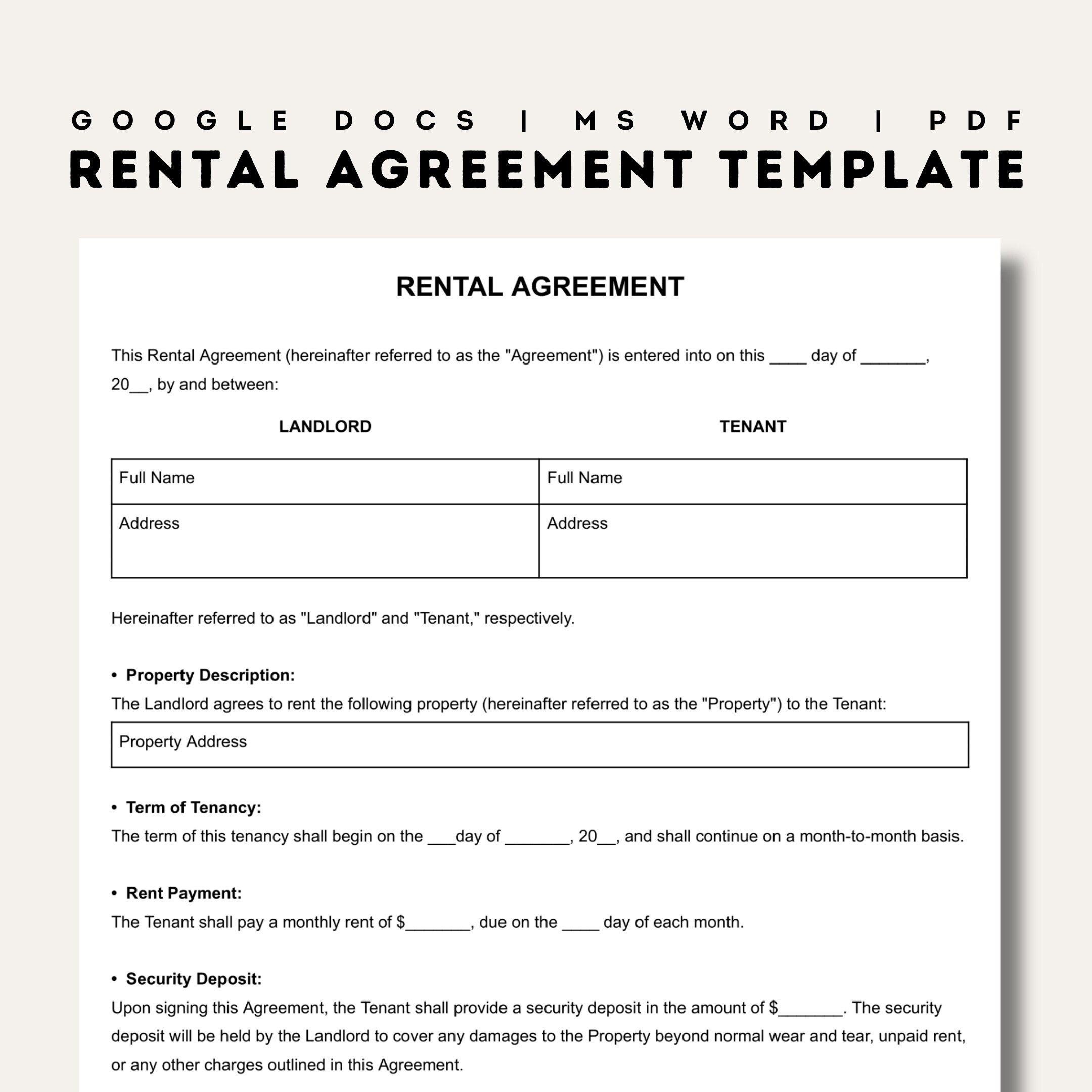 Rental Agreement Templates Simple Editable Rental Agreements Form Printable Lease Fillable Rent Contract Google Docs Word PDF Etsy
