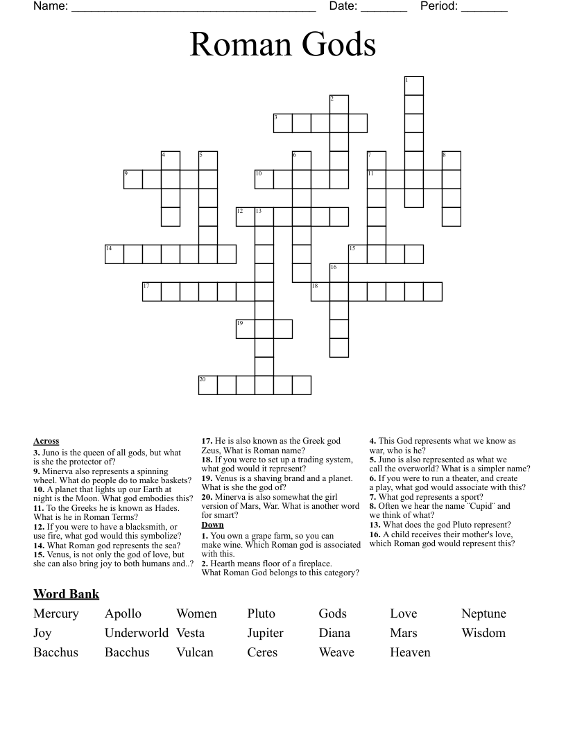 Roman Gods Crossword WordMint