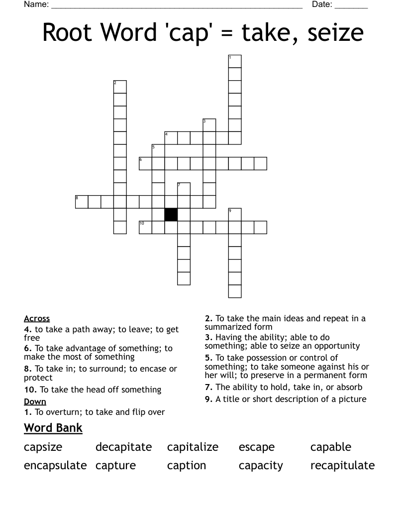 Root Word cap Take Seize Crossword WordMint