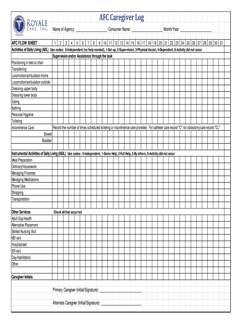 Royal Care AFC Caregiver Log Form Fill Online Printable Fillable Blank PdfFiller Royal Care AFC Caregiver Log Form Fill Online Printable Fillable Blank PdfFiller