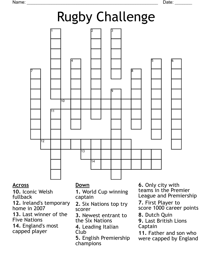 Rugby Challenge Crossword WordMint