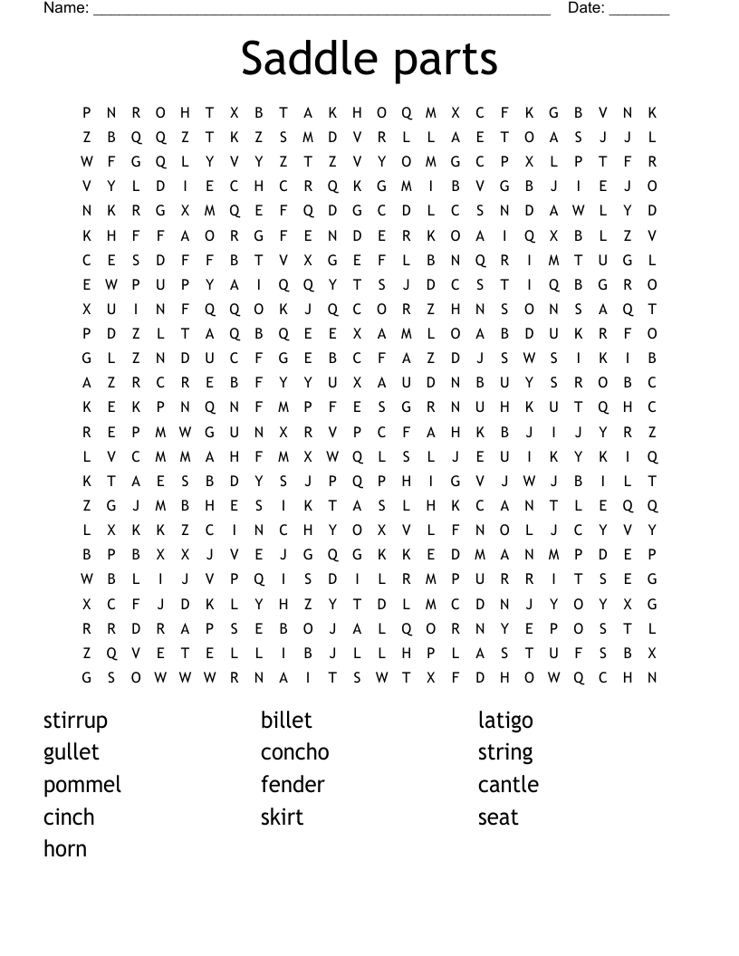 Saddle Parts Word Search WordMint