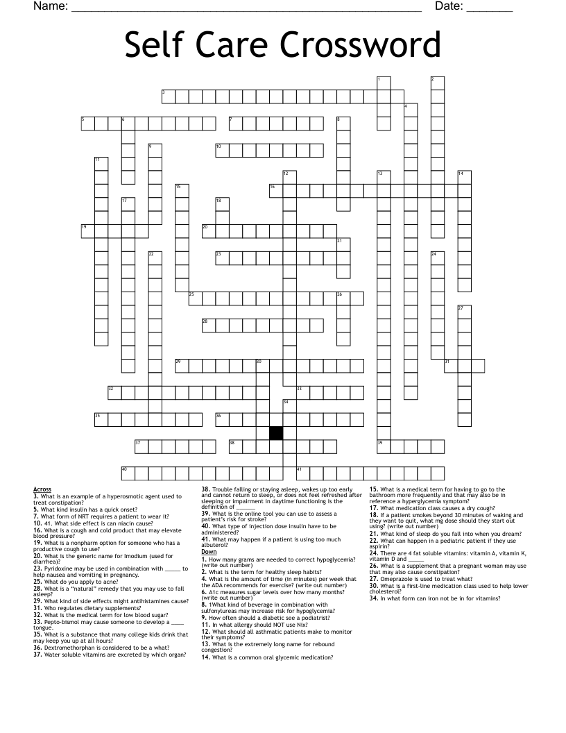 Self Care Crossword WordMint