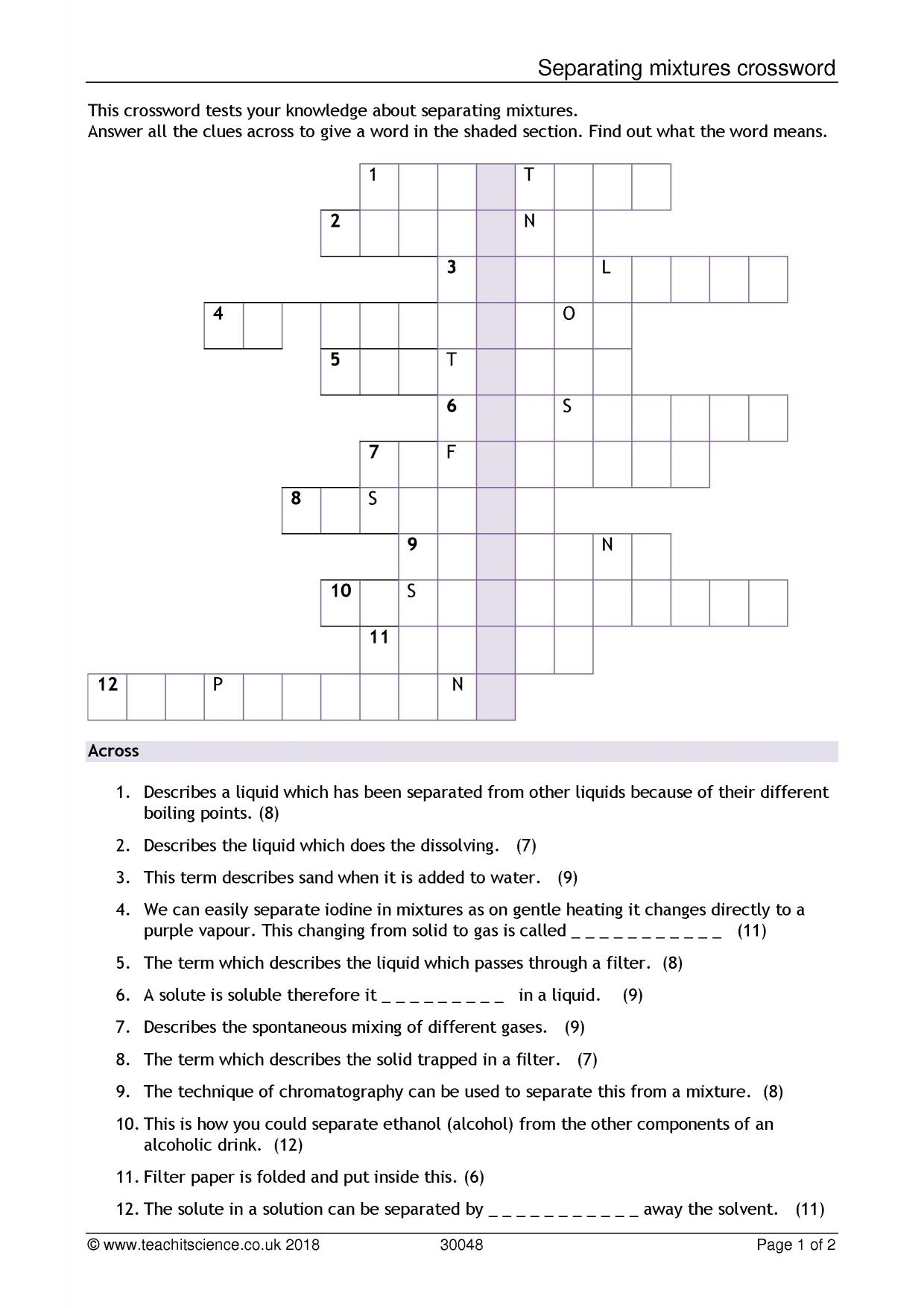 Separating Mixtures Crossword KS3 Chemistry Teachit