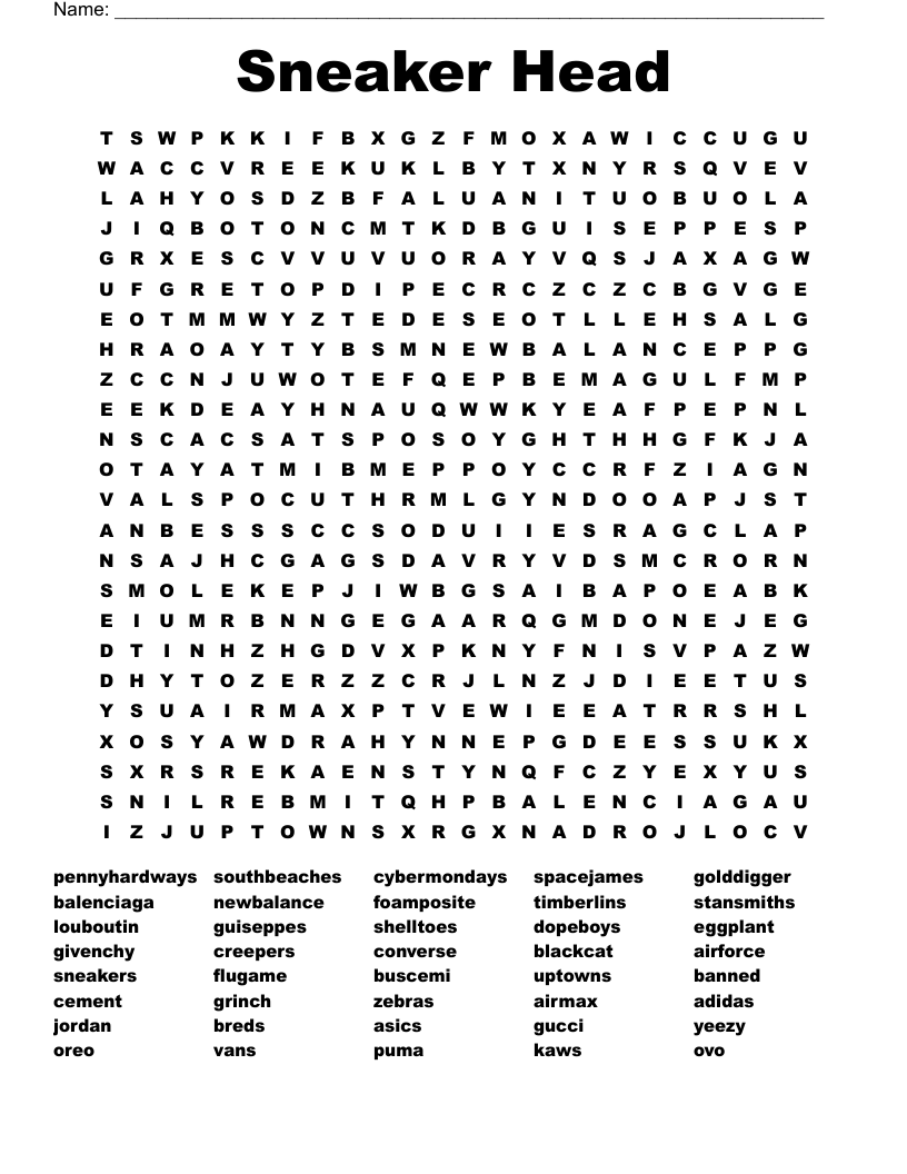 Sneaker Head Word Search WordMint