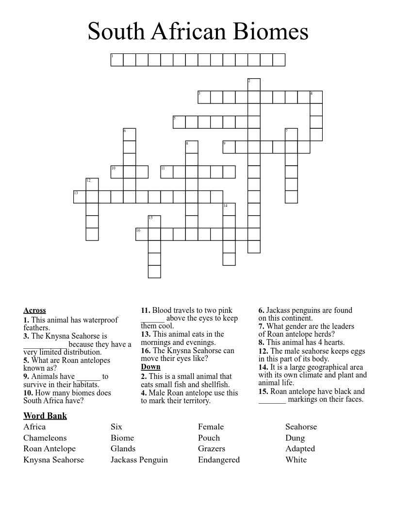 South African Biomes Crossword WordMint South African Biomes Crossword WordMint