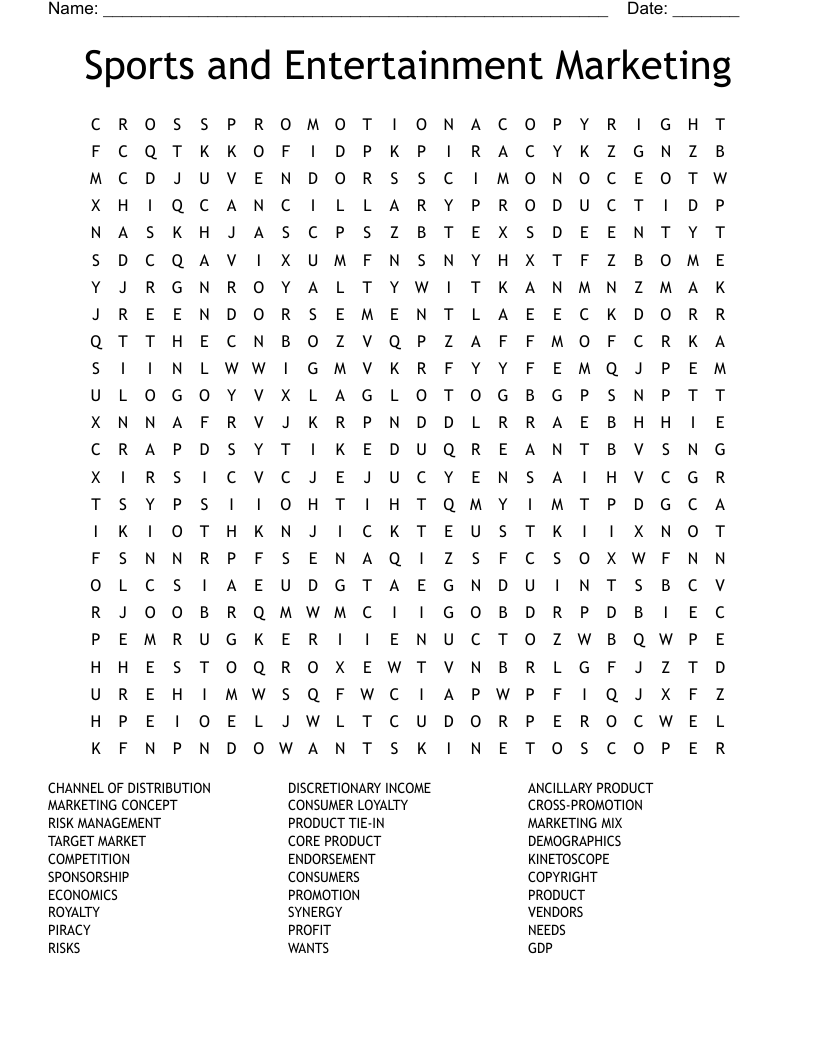 Sports And Entertainment Marketing Word Search WordMint