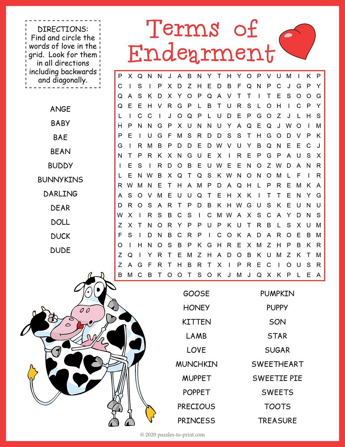 Terms Of Endearment Word Search