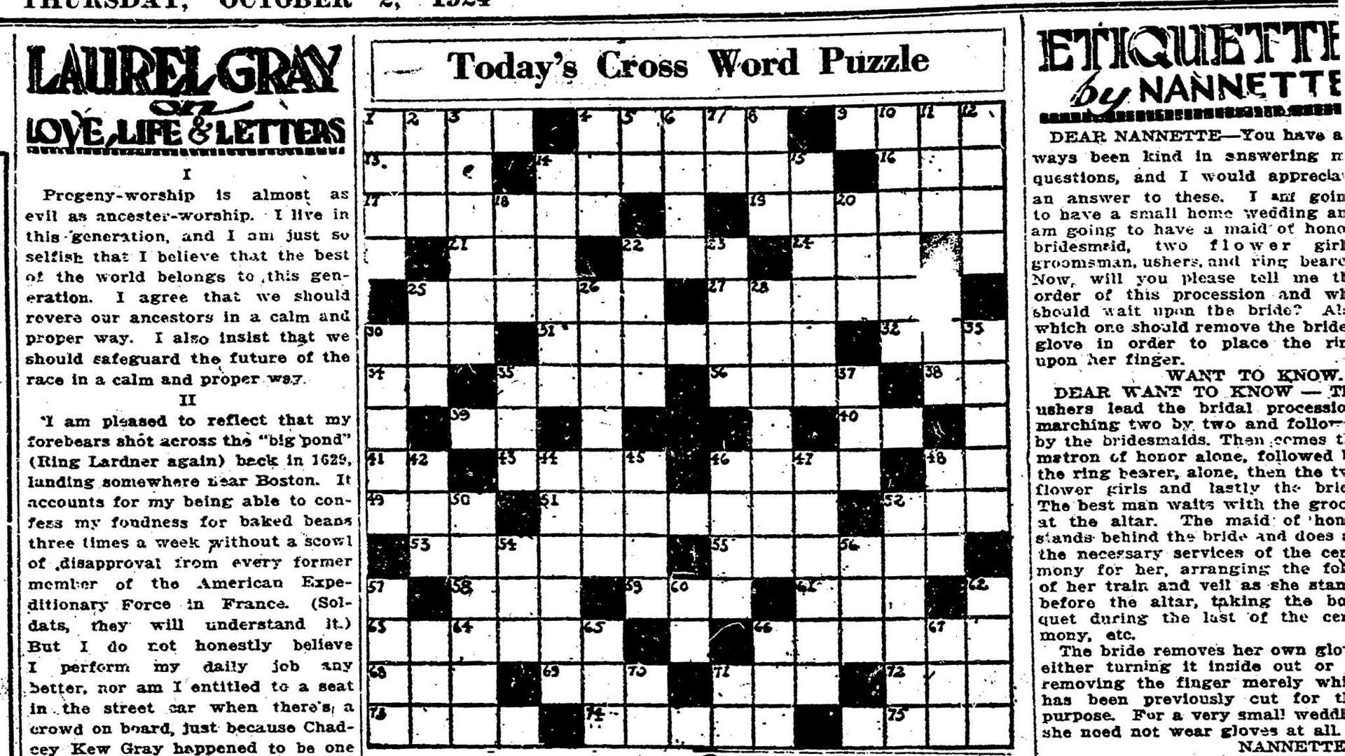 The Chronicle s First Crossword Puzzle From 1924 Ages Poorly The Chronicle s First Crossword Puzzle From 1924 Ages Poorly