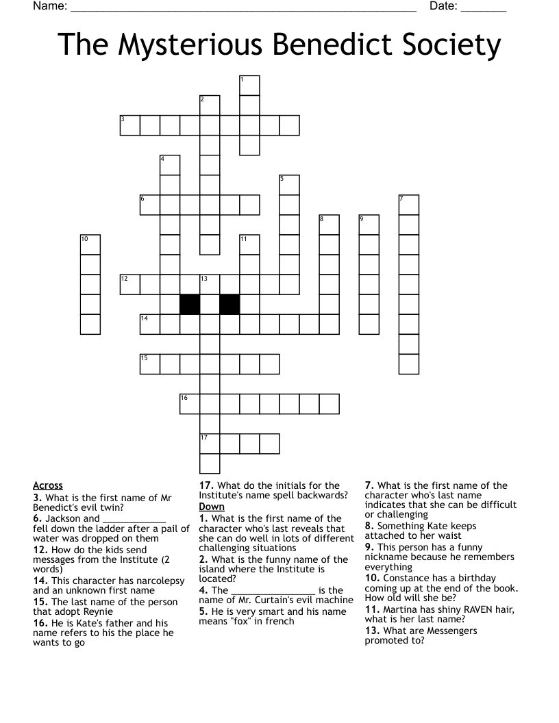 The Mysterious Benedict Society Crossword WordMint