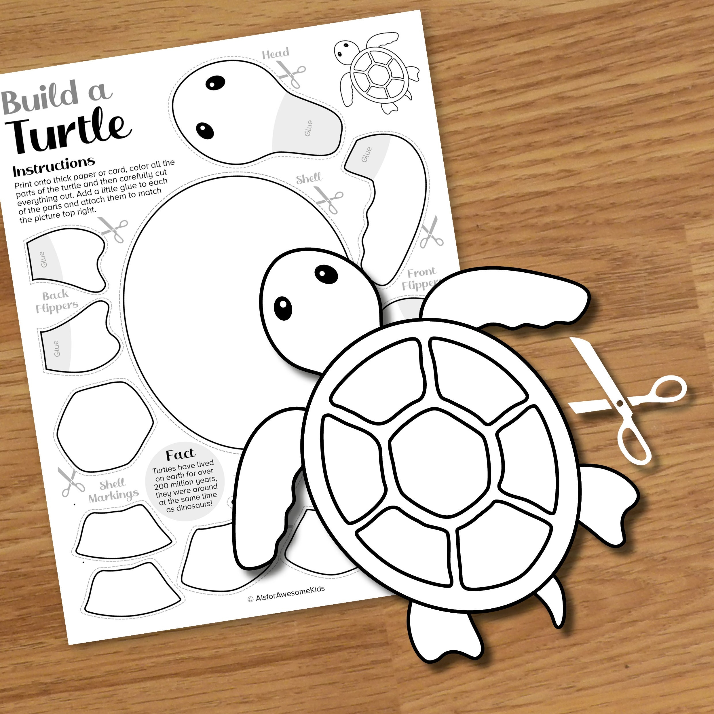 Turtle Cut Paste Craft Printable Spring Color And Build Art Kit Ocean Animals Puppet Model Underwater Sea Creatures Activity Template Etsy
