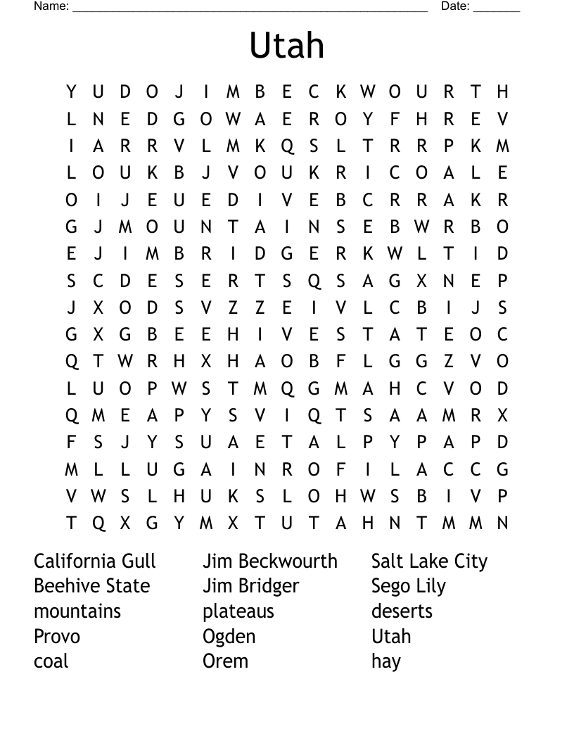 Utah Crossword Puzzle WordMint