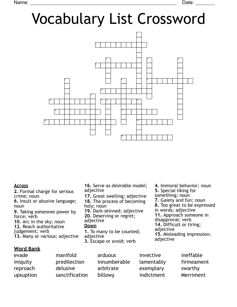 Vocabulary List Crossword WordMint