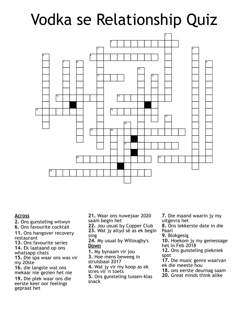 Vodka Se Relationship Quiz Crossword WordMint
