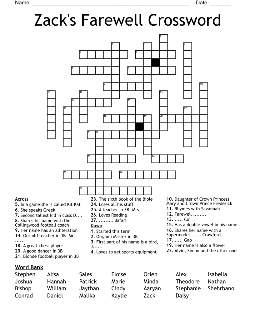 Zack s Farewell Crossword WordMint